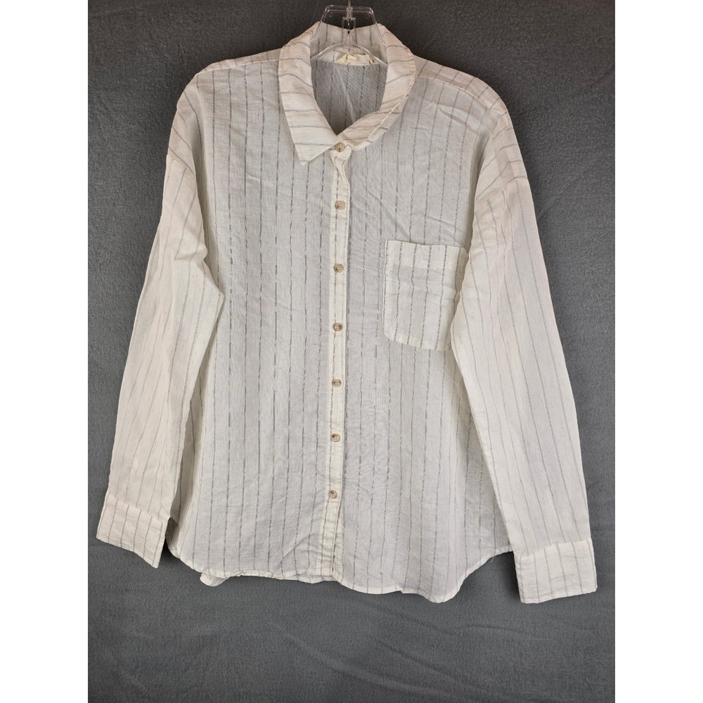 Mysteree Womens Button Down Pinstriped Shirt Large Off White Striped Long Sleeve